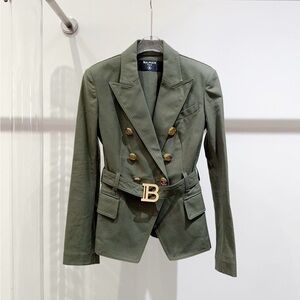 Authentic Balmain Olive Double-Breasted Blazer with Gold Accents
